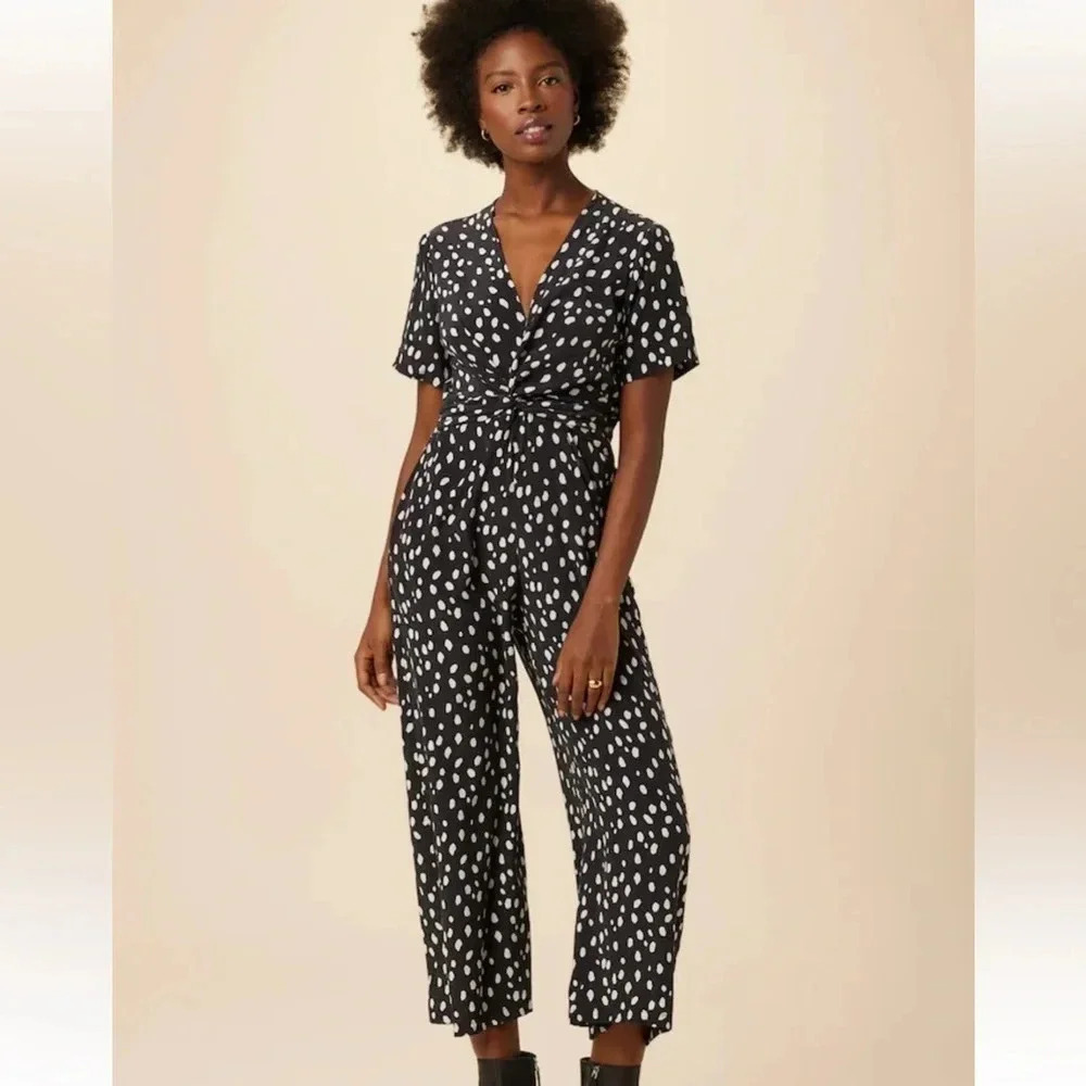 Amour Vert Fantasia Polka Dot Wrap Front Silk Wide Leg Jumpsuit Black White